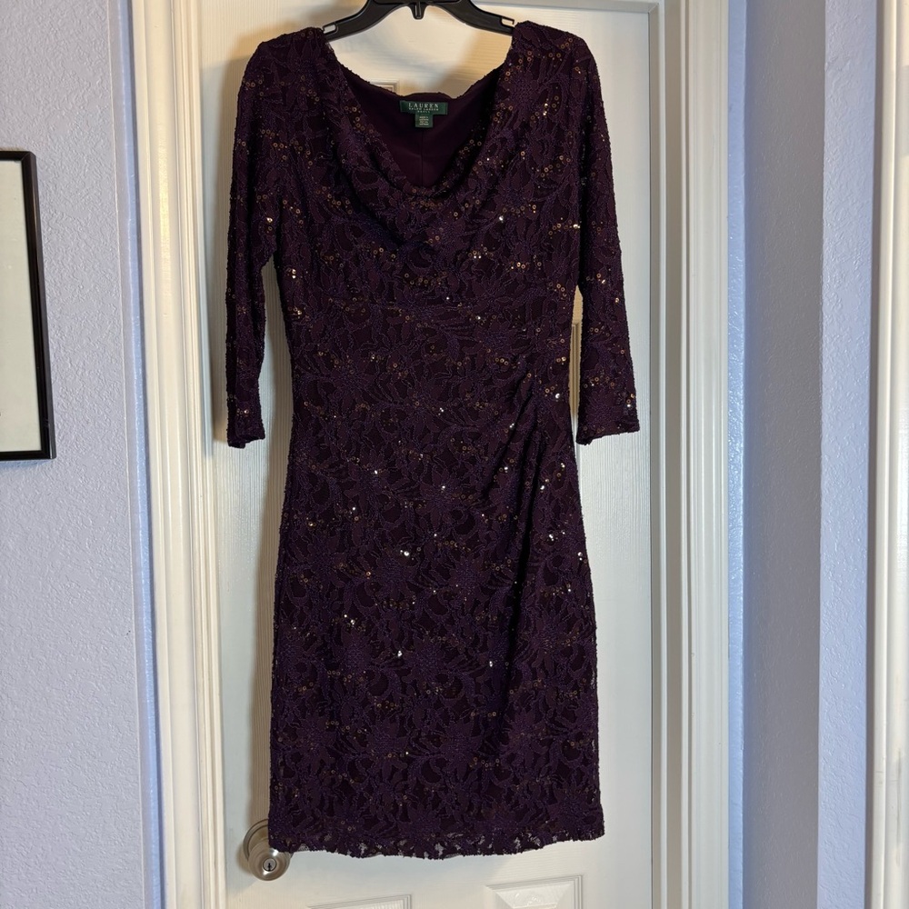 Lauren Ralph Lauren Dark Purple Lace Sequin Cowl-Neck Sheath Dress Sz 8